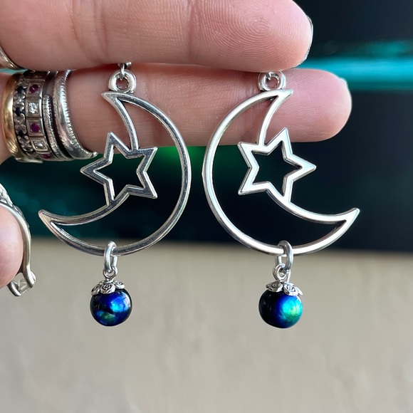 Set ! Moon stars iridescent black green beads necklace + matching earrings boho - Picture 7 of 12